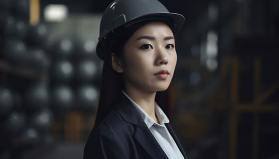 带着灰色头盔安全帽的年轻女工程师高清图片素材(JPG)