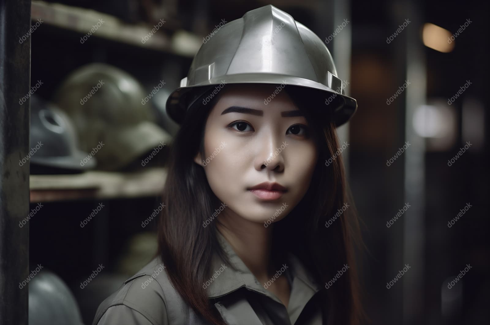 带着灰色头盔安全帽的年轻女工程师高清图片素材(JPG)