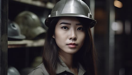 带着灰色头盔安全帽的年轻女工程师高清图片素材(JPG)