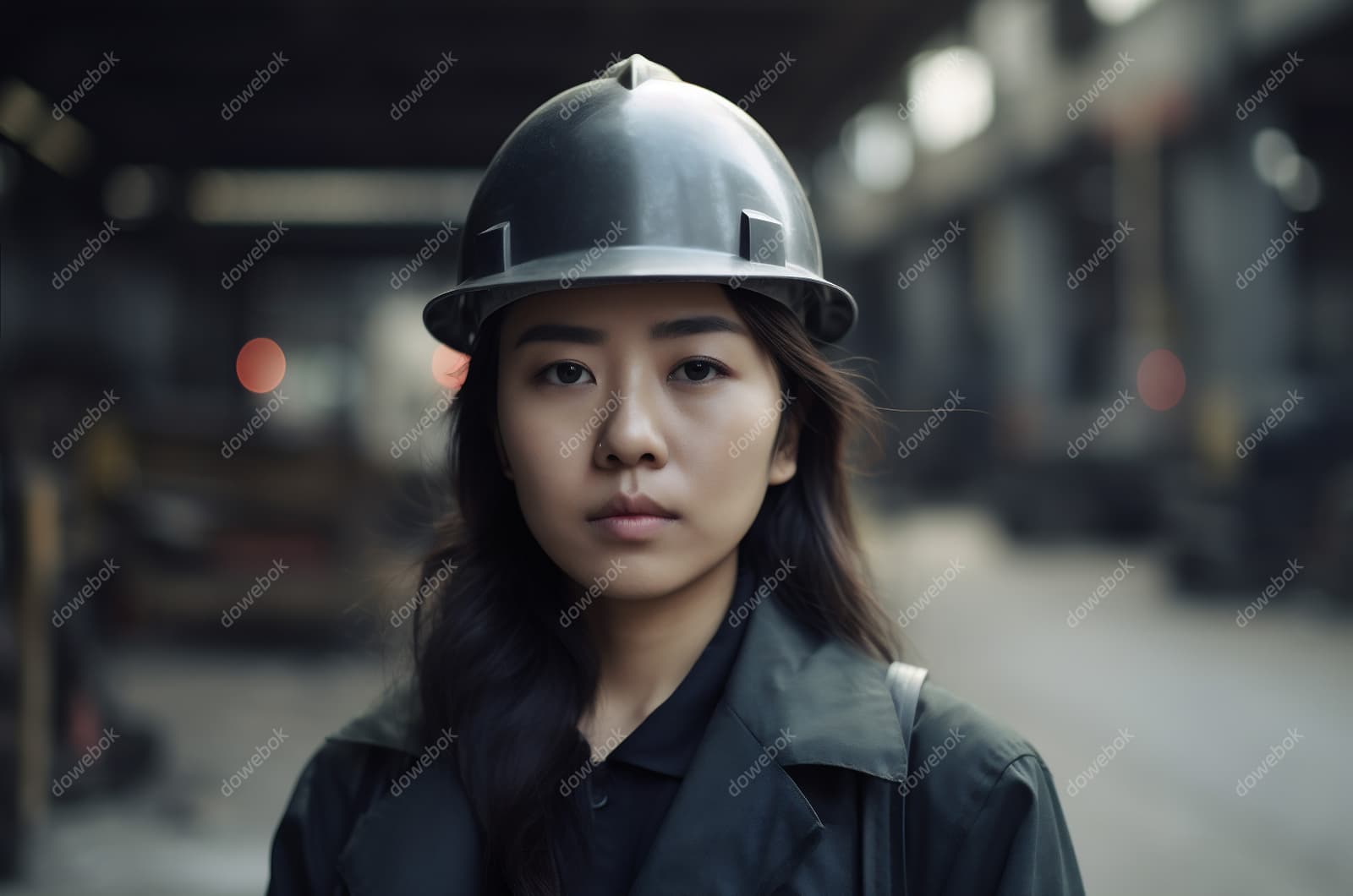 带着灰色头盔安全帽的年轻女工程师高清图片素材(JPG)