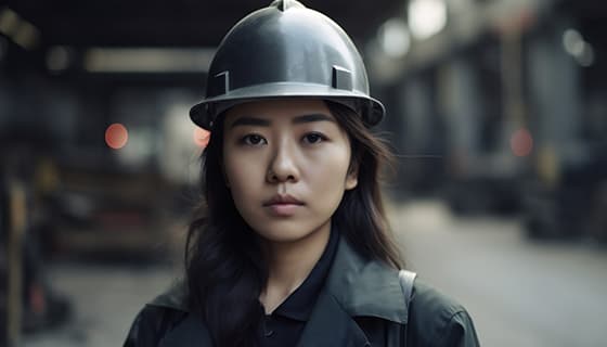 带着灰色头盔安全帽的年轻女工程师高清图片素材(JPG)