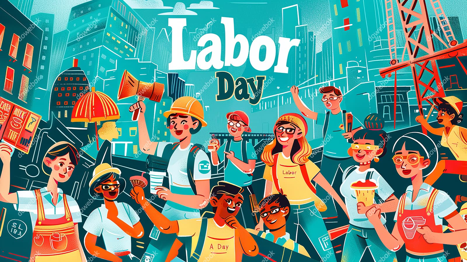 欢乐庆祝劳动节的人们插画素材(JPG)