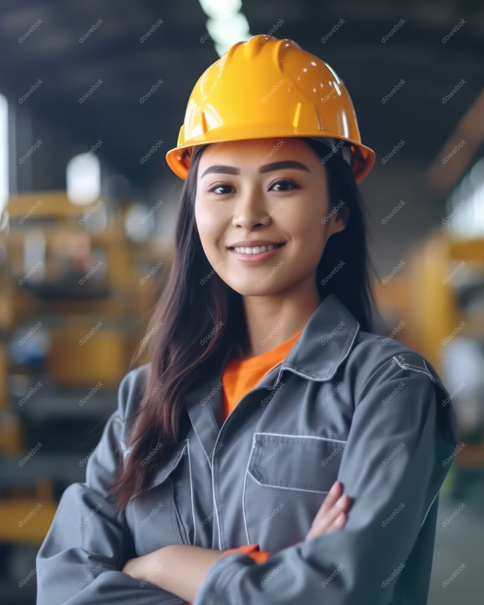 带着黄色头盔安全帽的女建筑工人高清图片素材(JPG)