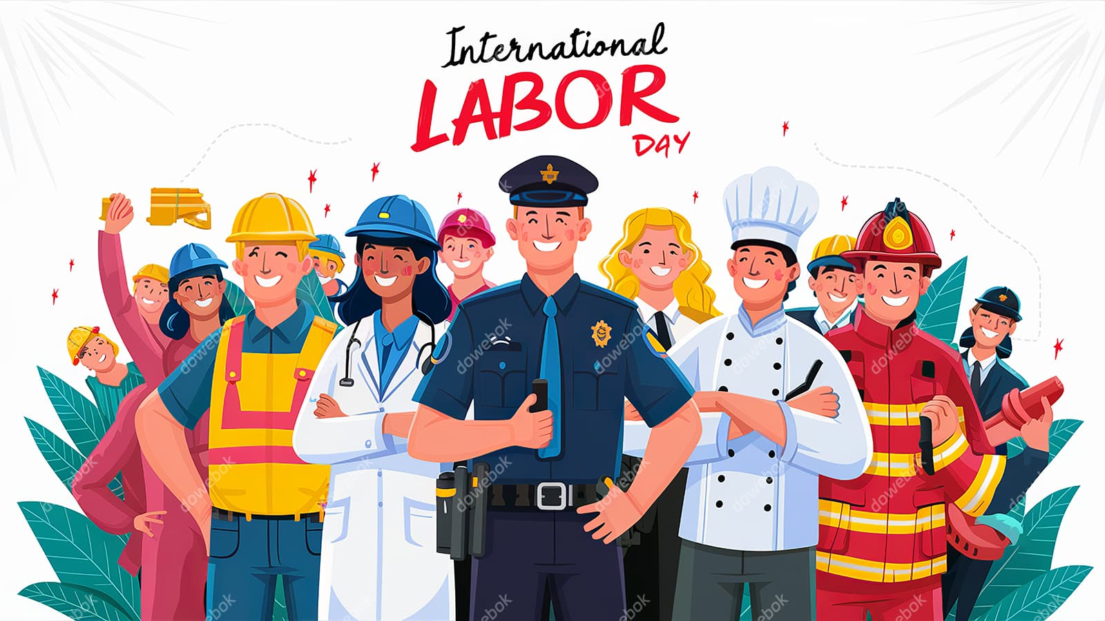 不同行业的人一起庆祝劳动节插画素材(JPG)