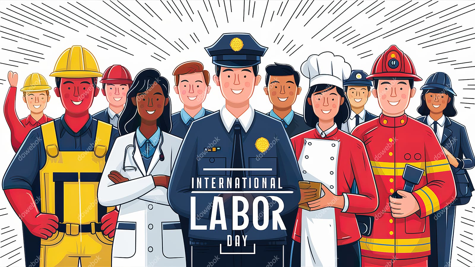 不同行业的人一起庆祝劳动节插画素材(JPG)