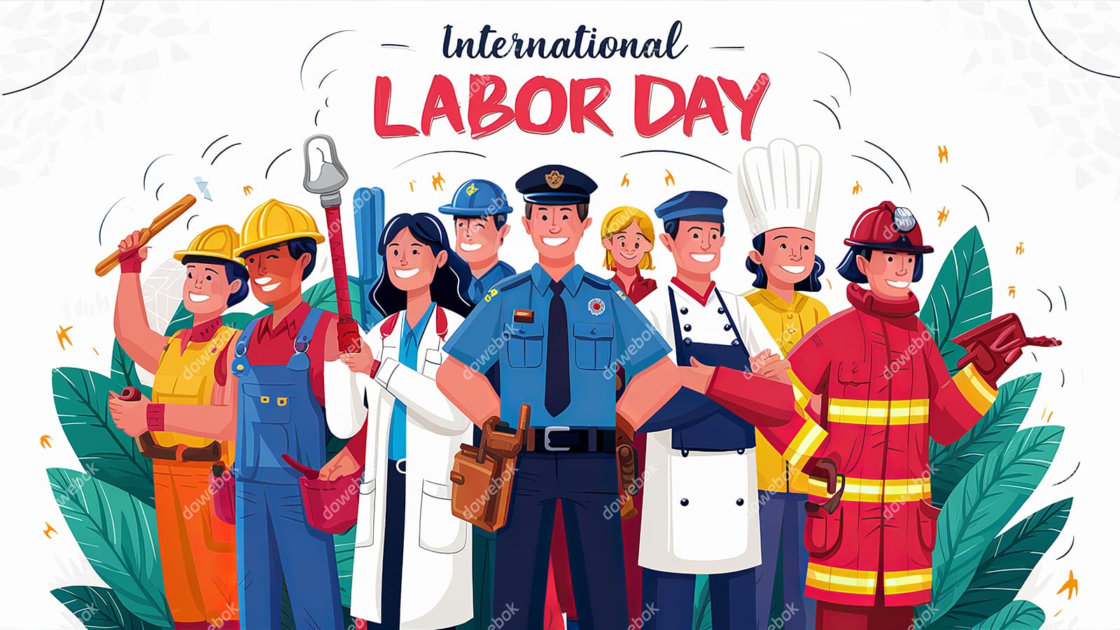 不同行业的人一起庆祝劳动节插画素材(JPG)