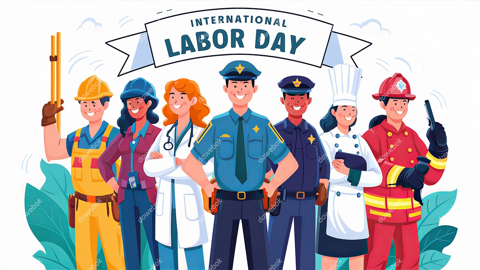 不同行业的人一起庆祝劳动节插画素材(JPG)