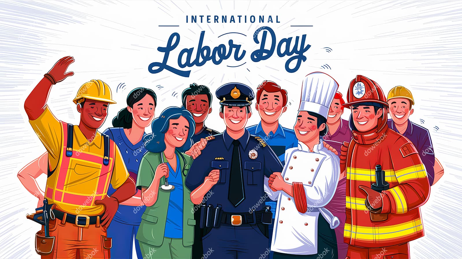 不同行业的人一起庆祝劳动节插画素材(JPG)