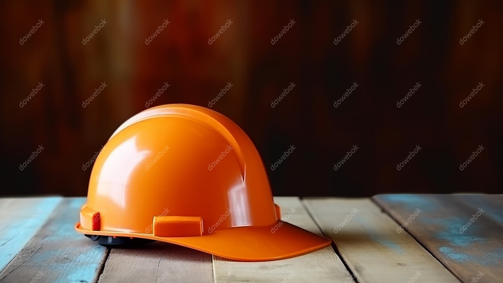 木板上的橙色头盔安全帽高清图片素材(JPG)
