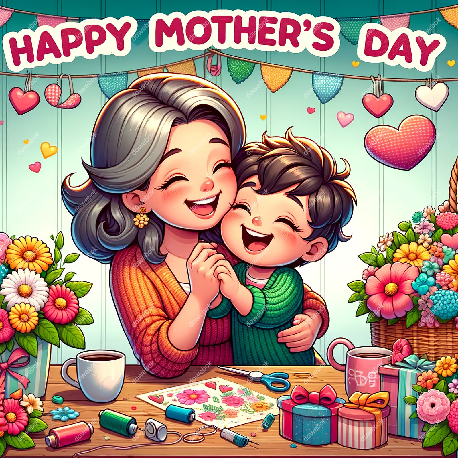 母子俩拥抱在一起庆祝母亲节快乐插画图片素材(JPG)