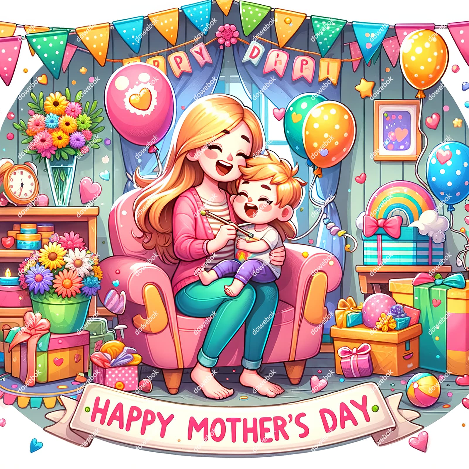 母子俩拥抱在一起庆祝母亲节快乐插画图片素材(JPG)