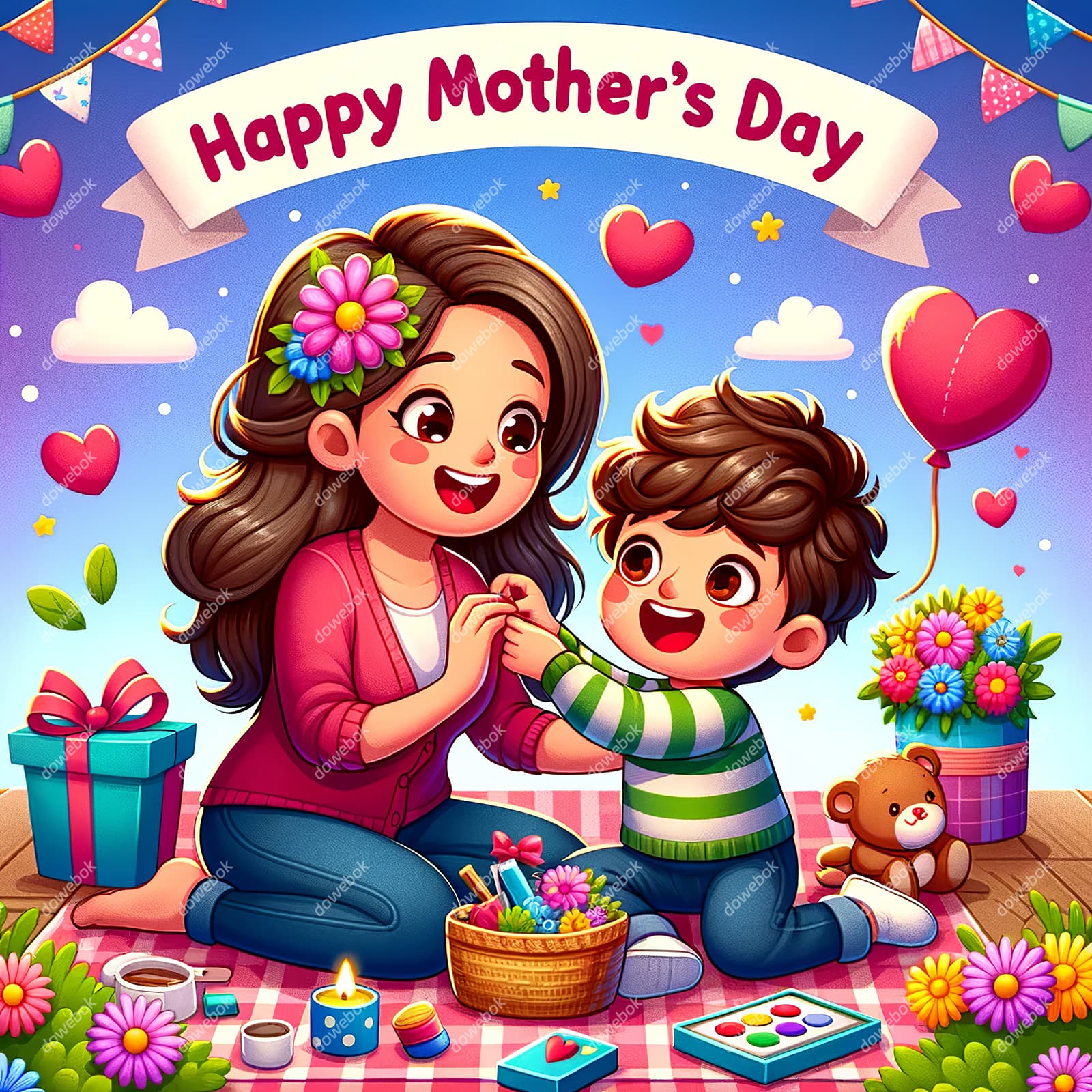 母子俩一起庆祝母亲节快乐插画图片素材(JPG)