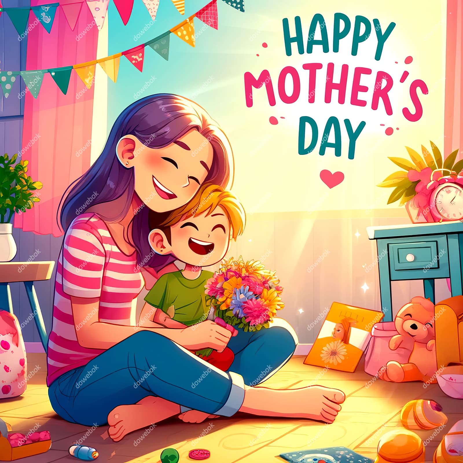 妈妈抱着儿子庆祝母亲节快乐插画图片素材(JPG)