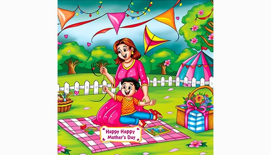 母子俩在户外开心庆祝母亲节快乐插画图片素材(JPG)