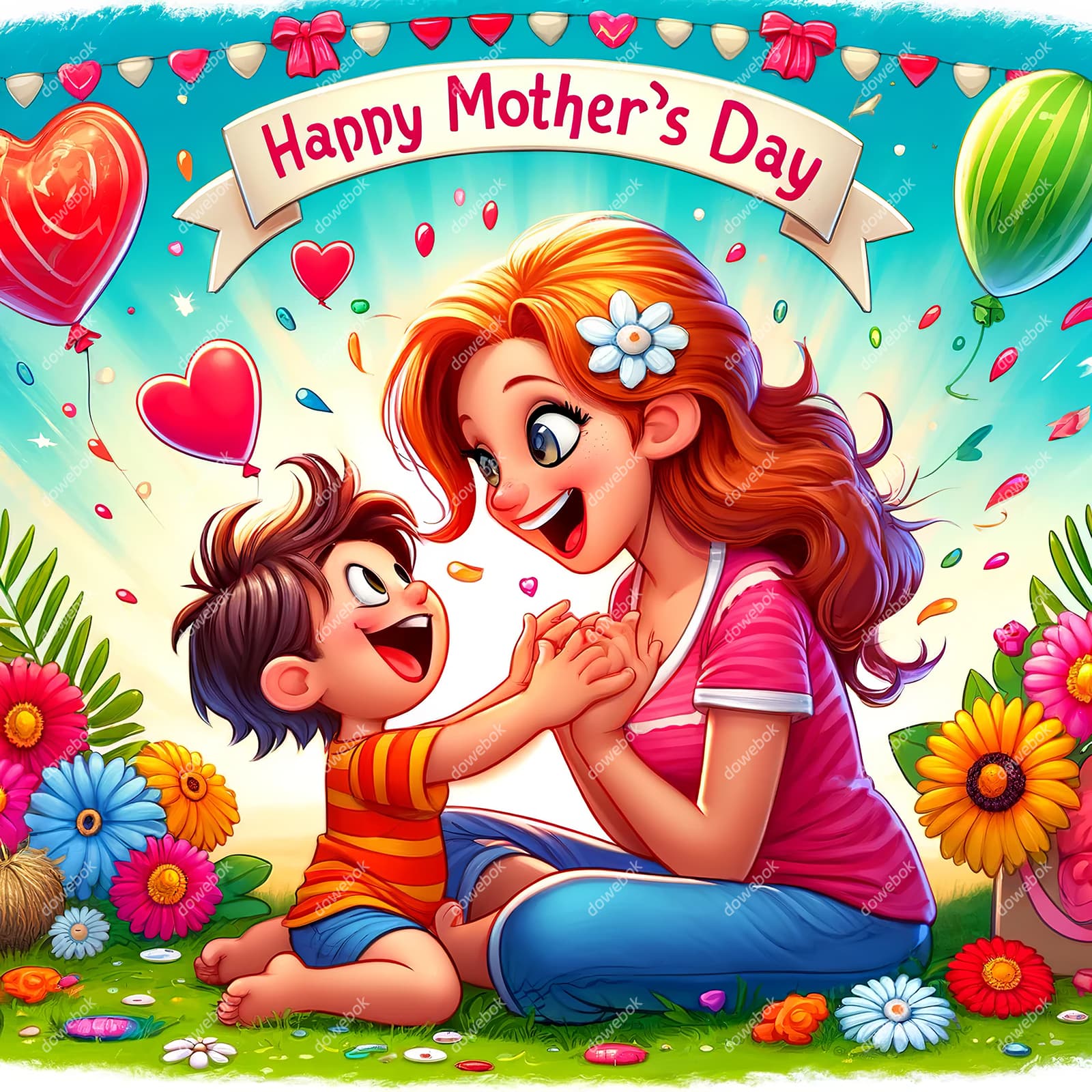 母子俩在户外开心庆祝母亲节快乐插画图片素材(JPG)