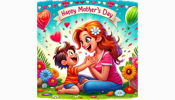 母子俩在户外开心庆祝母亲节快乐插画图片素材(JPG)