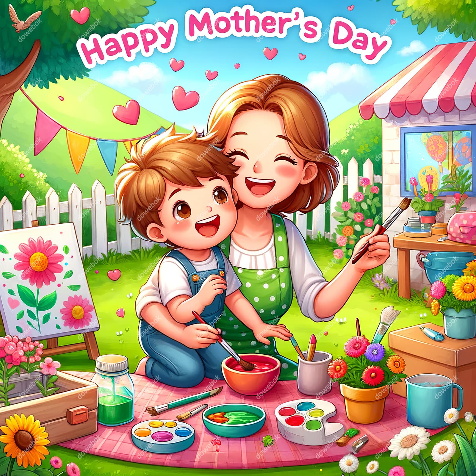母子俩在户外画画庆祝母亲节快乐插画图片素材(JPG)