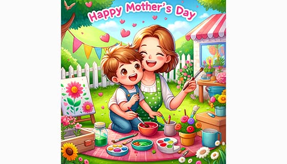 母子俩在户外画画庆祝母亲节快乐插画图片素材(JPG)