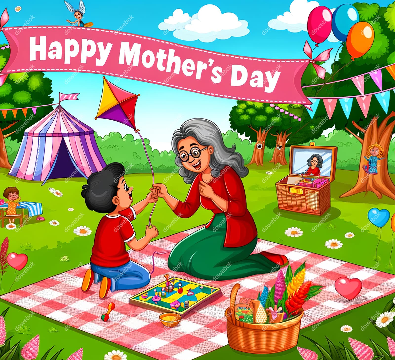母子俩在户外开心庆祝母亲节快乐插画图片素材(JPG)