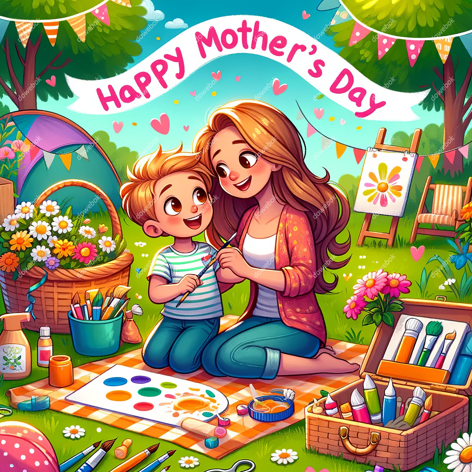 母子俩在户外画画庆祝母亲节快乐插画图片素材(JPG)