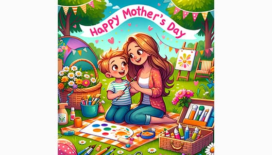 母子俩在户外画画庆祝母亲节快乐插画图片素材(JPG)