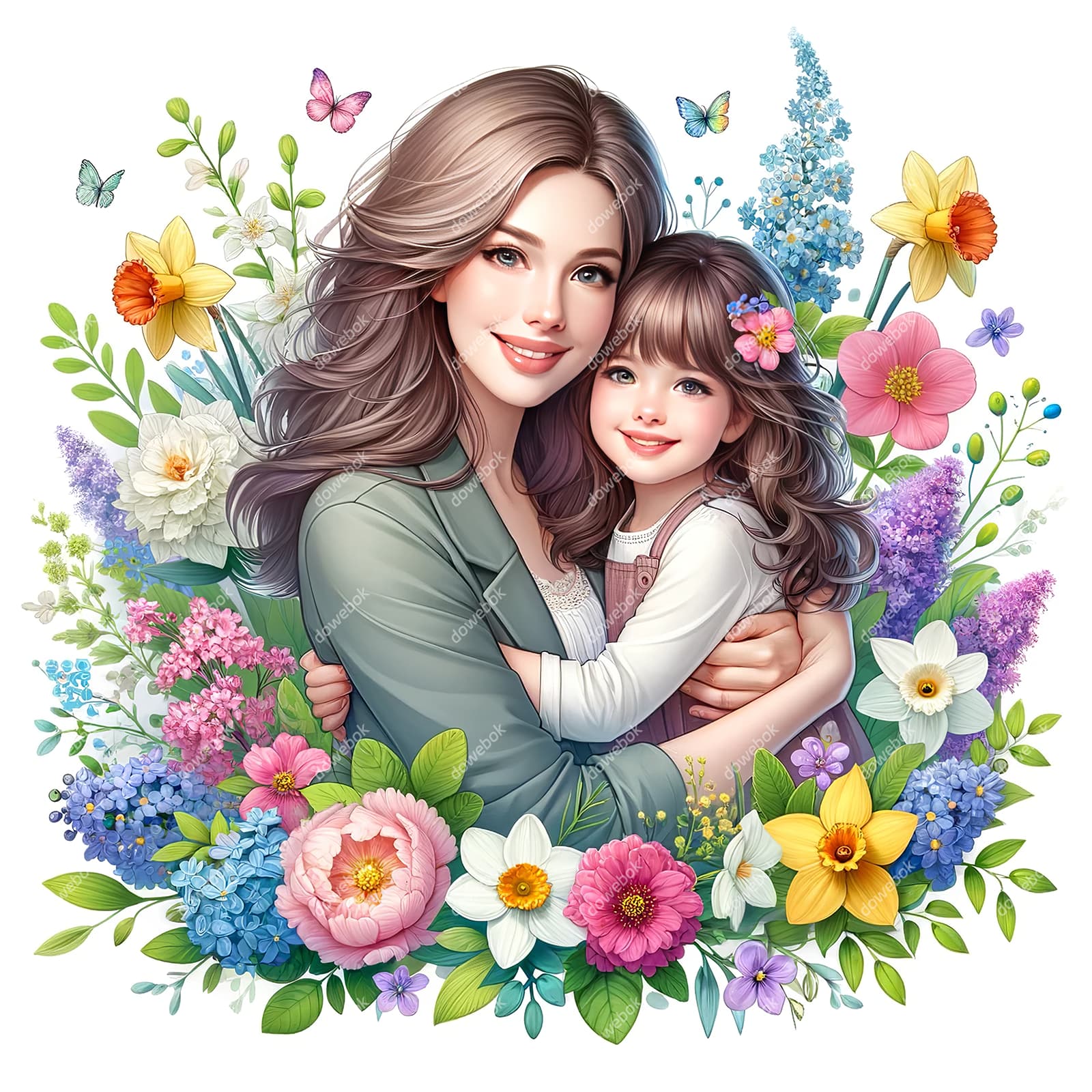 母女拥抱在花朵中间设计母亲节快乐插画图片素材(JPG)
