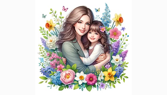 母女拥抱在花朵中间设计母亲节快乐插画图片素材(JPG)