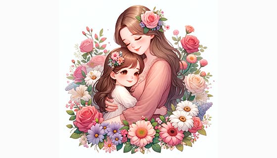 母女拥抱在花朵中间设计母亲节快乐插画图片素材(JPG)