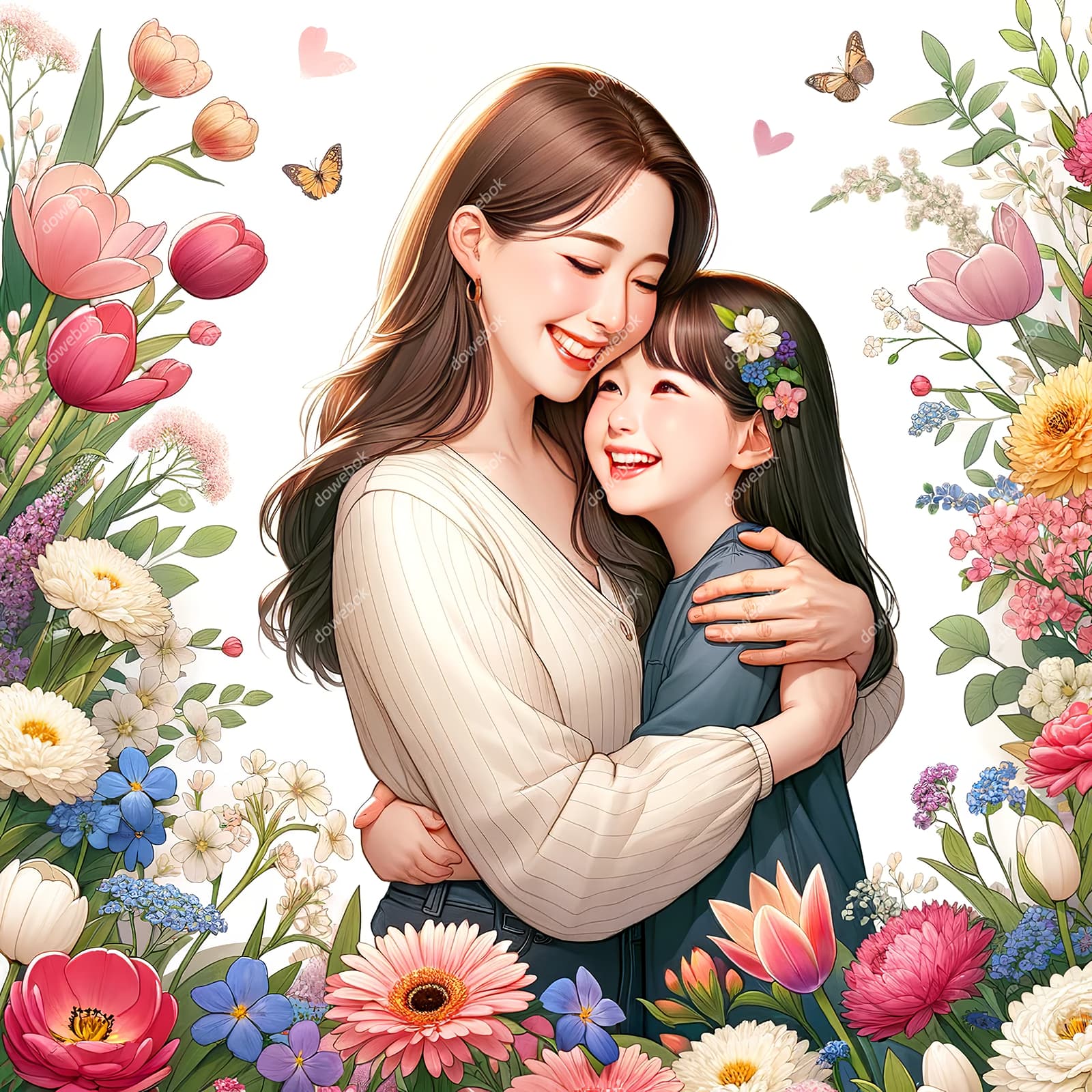 母女拥抱在花朵中间设计母亲节快乐插画图片素材(JPG)