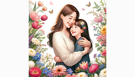 母女拥抱在花朵中间设计母亲节快乐插画图片素材(JPG)