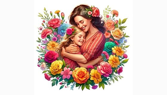母女拥抱在花朵中间设计母亲节快乐插画图片素材(JPG)
