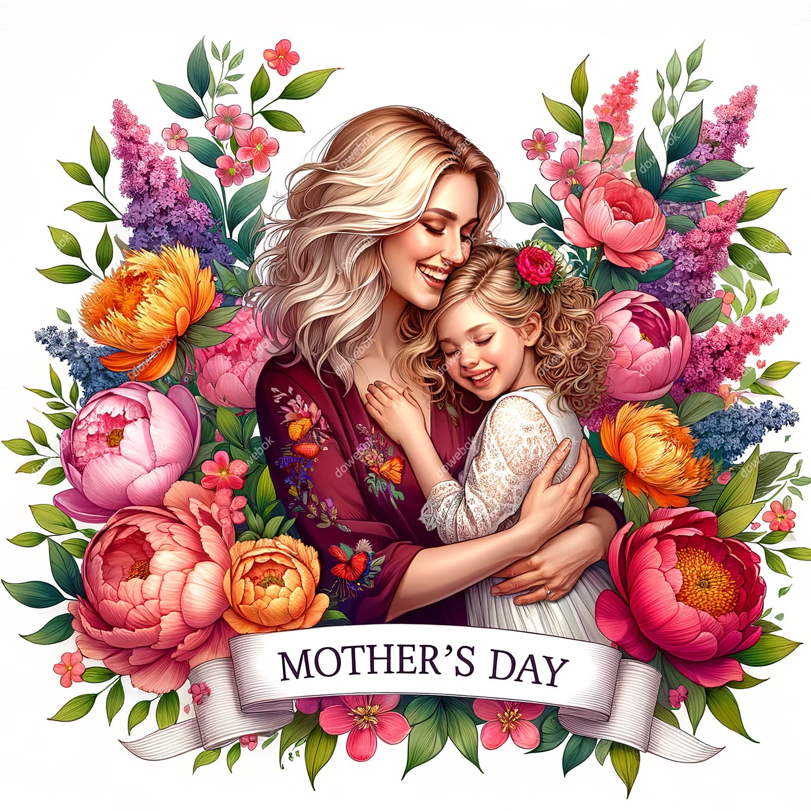 母女拥抱在花朵中间设计母亲节快乐插画图片素材(JPG)