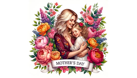 母女拥抱在花朵中间设计母亲节快乐插画图片素材(JPG)