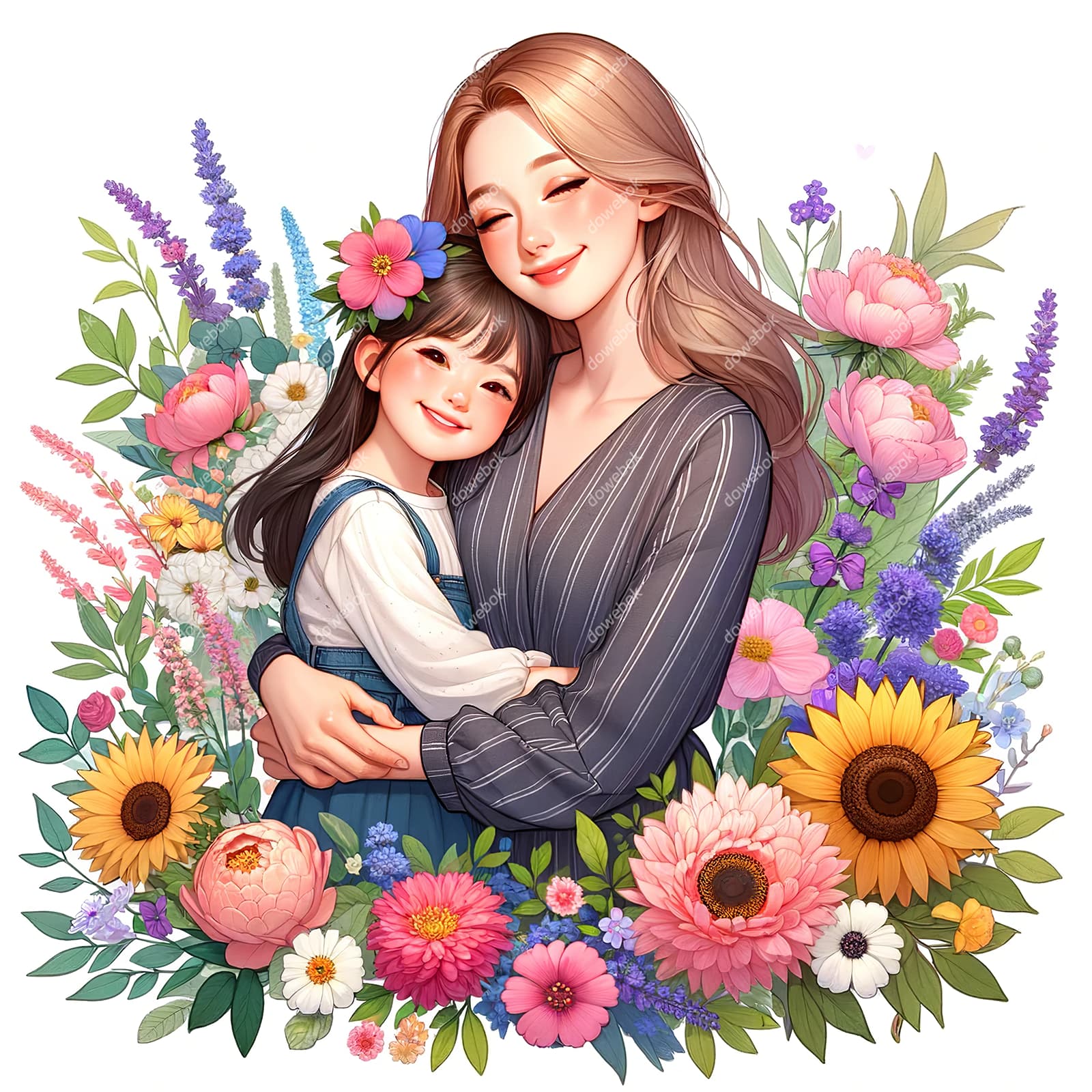母女拥抱在花朵中间设计母亲节快乐插画图片素材(JPG)