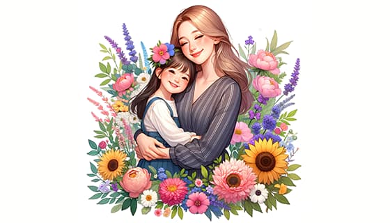 母女拥抱在花朵中间设计母亲节快乐插画图片素材(JPG)