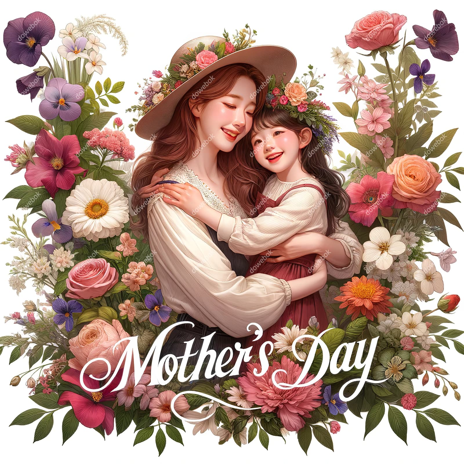 母女拥抱在花朵中间设计母亲节快乐插画图片素材(JPG)