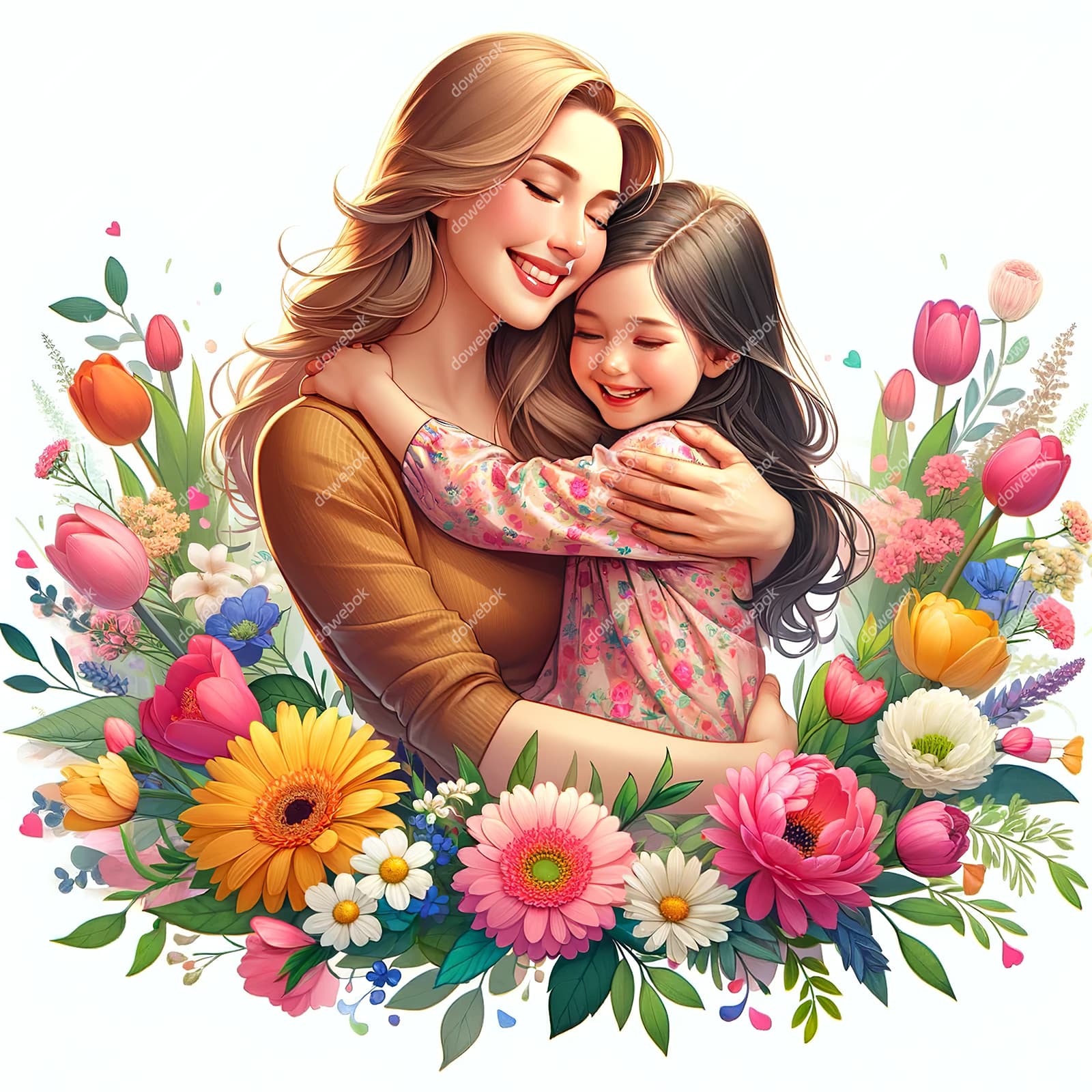 母女拥抱在花朵中间设计母亲节快乐插画图片素材(JPG)