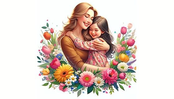 母女拥抱在花朵中间设计母亲节快乐插画图片素材(JPG)