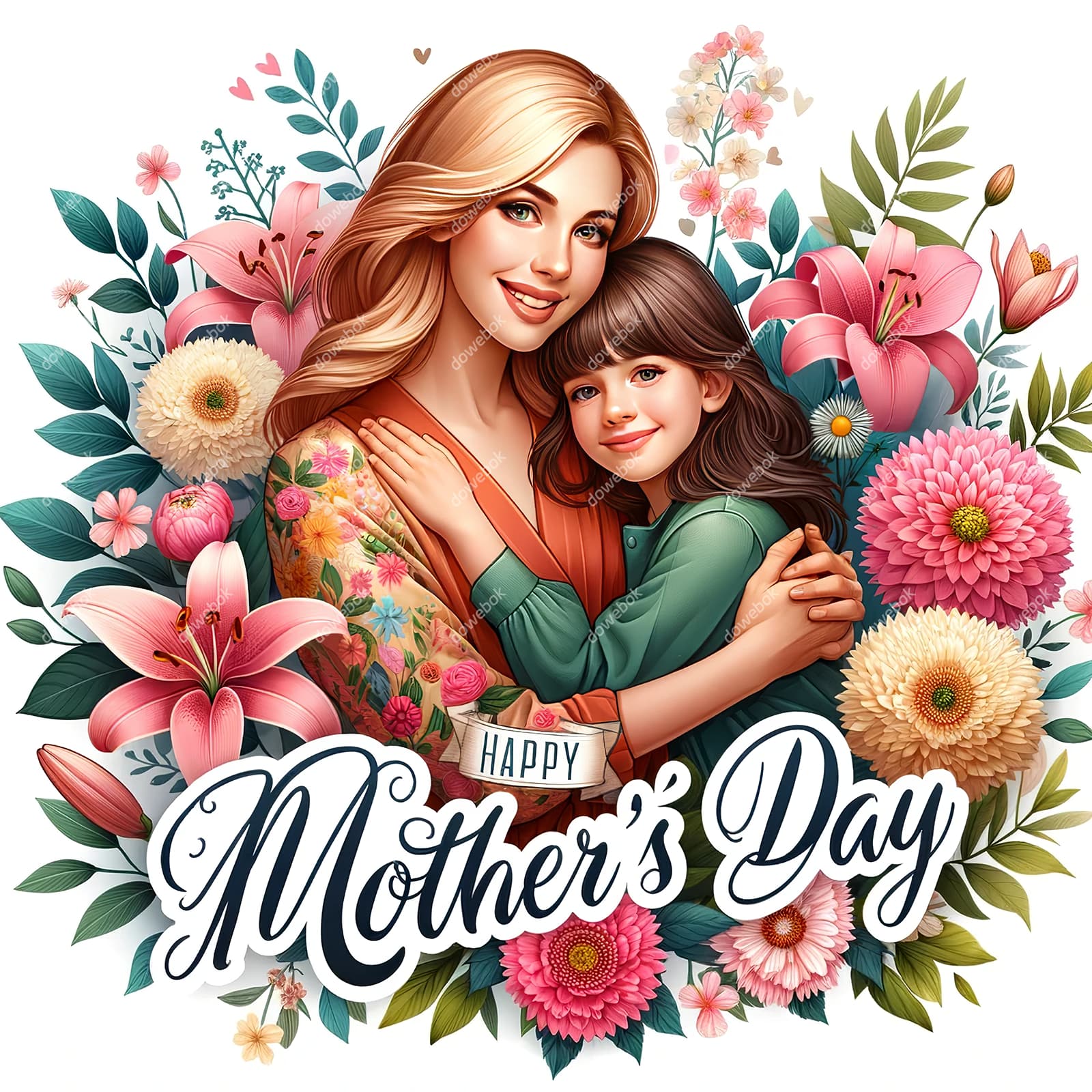 母女拥抱在花朵中间设计母亲节快乐插画图片素材(JPG)