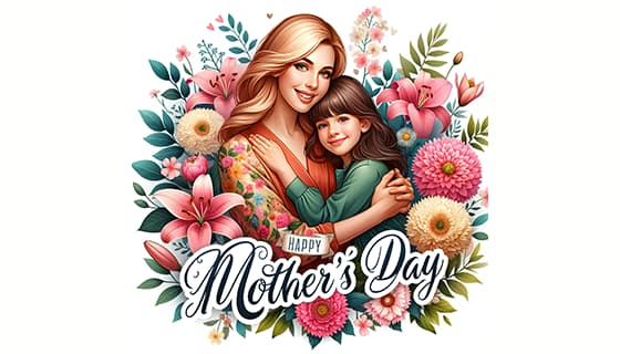 母女拥抱在花朵中间设计母亲节快乐插画图片素材(JPG)