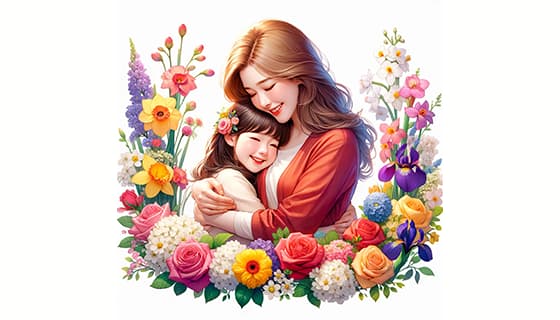 母女拥抱在花朵中间设计母亲节快乐插画图片素材(JPG)