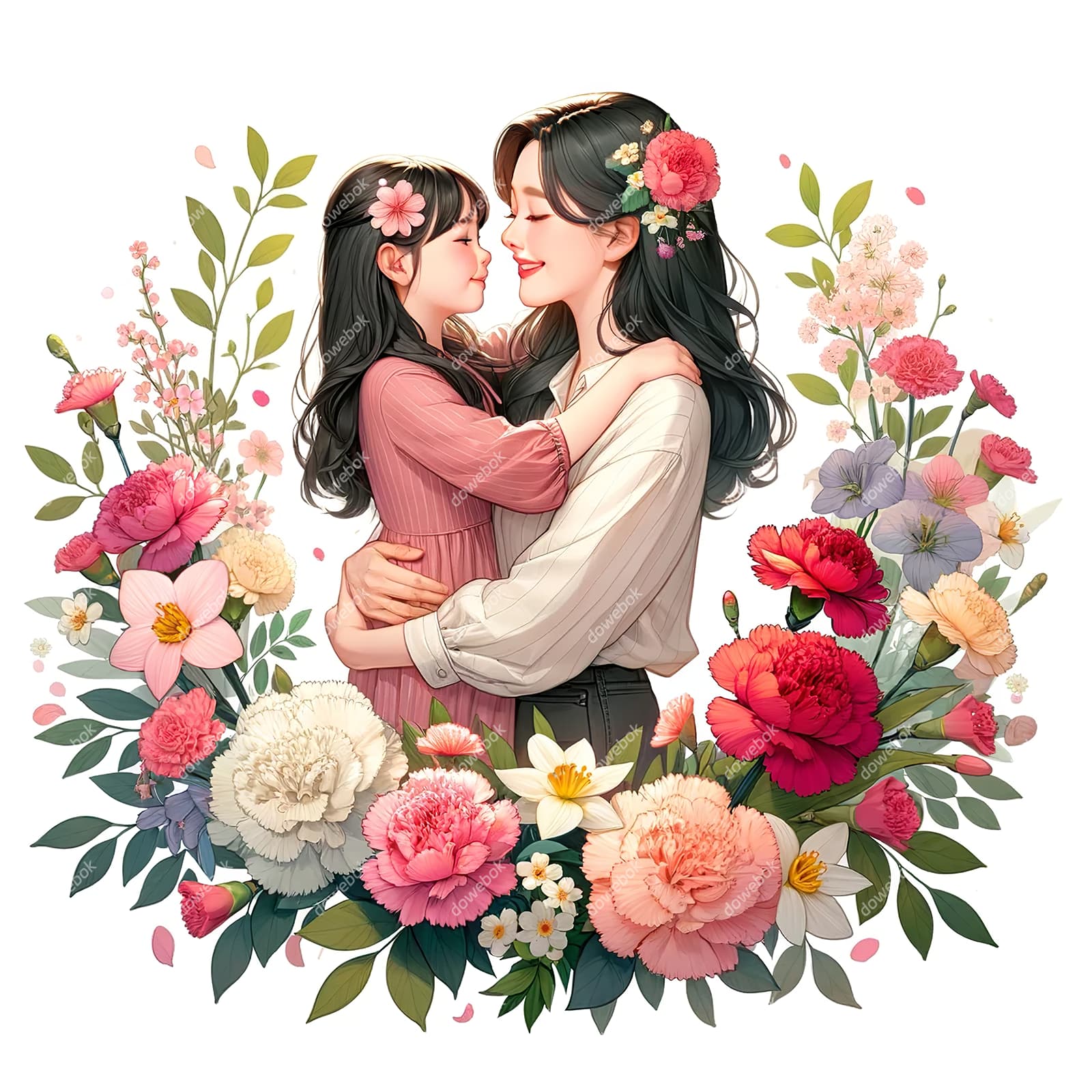 母女拥抱在花朵中间设计母亲节快乐插画图片素材(JPG)