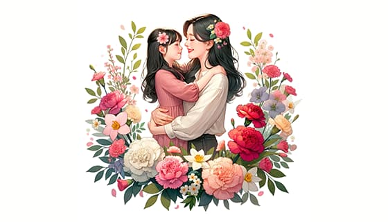 母女拥抱在花朵中间设计母亲节快乐插画图片素材(JPG)