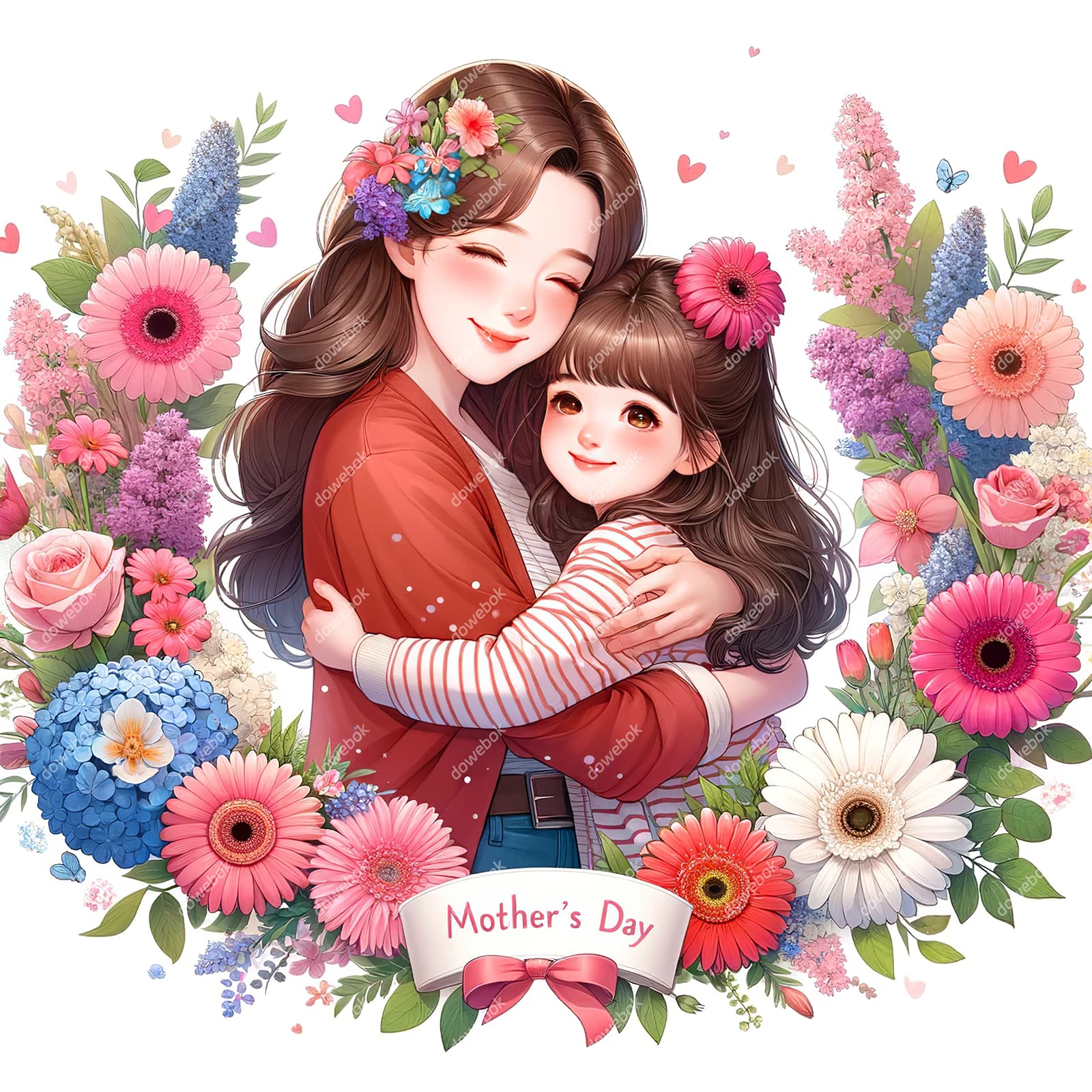 母女拥抱在花朵中间设计母亲节快乐插画图片素材(JPG)
