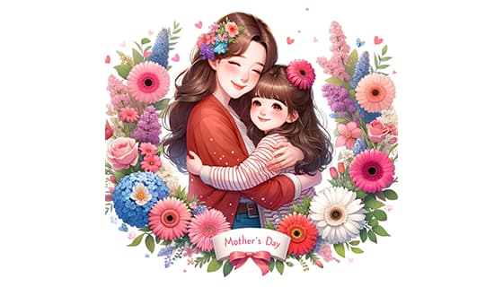 母女拥抱在花朵中间设计母亲节快乐插画图片素材(JPG)