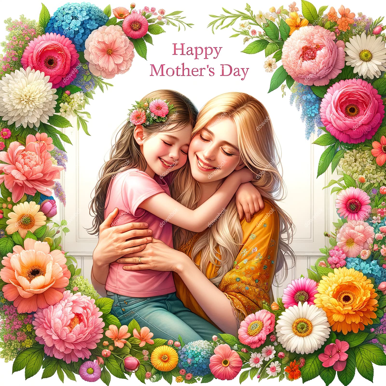 母女拥抱在花朵中间设计母亲节快乐插画图片素材(JPG)