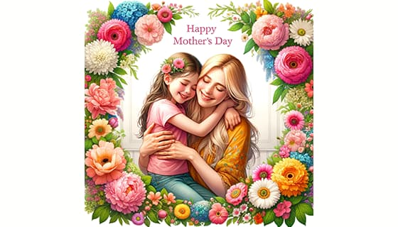 母女拥抱在花朵中间设计母亲节快乐插画图片素材(JPG)