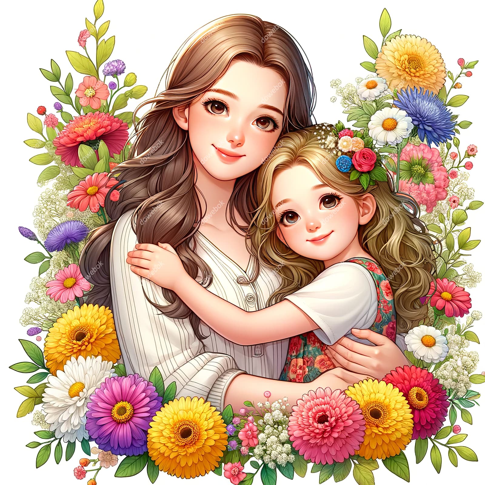 母女拥抱在花朵中间设计母亲节快乐插画图片素材(JPG)