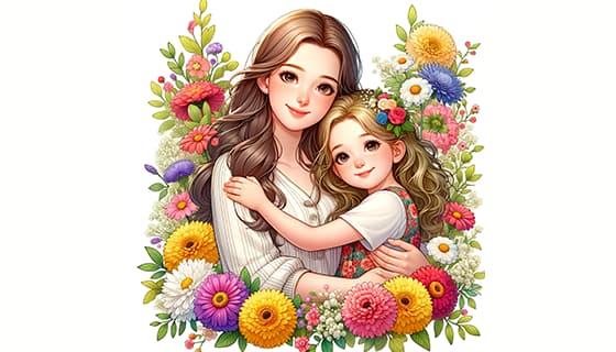 母女拥抱在花朵中间设计母亲节快乐插画图片素材(JPG)