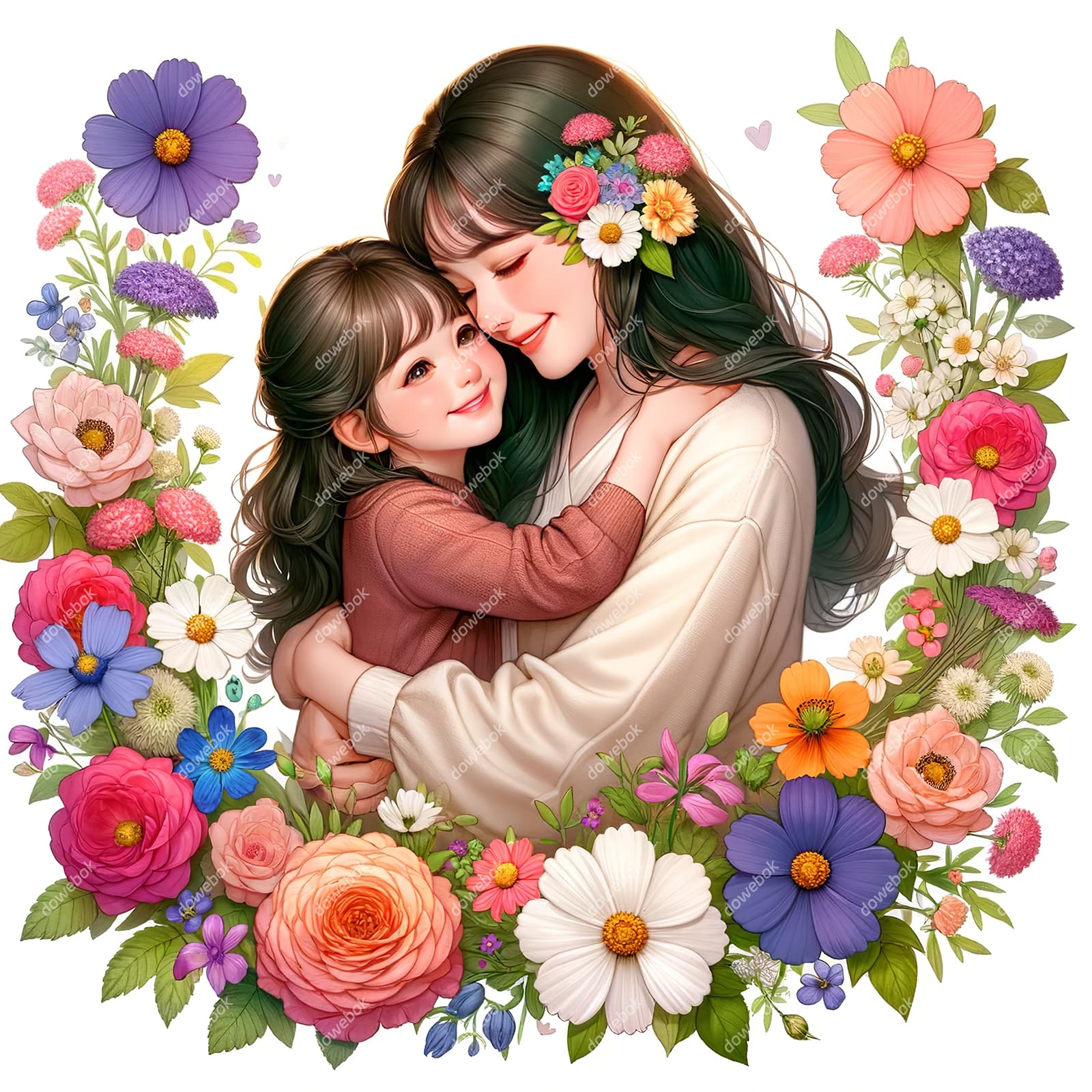 母女拥抱在花朵中间设计母亲节快乐插画图片素材(JPG)